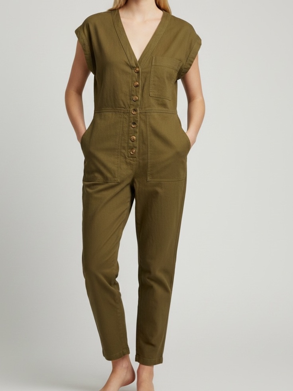 Madewell Utility Jumpsuit XS Olive Green Cotton Stretch Button Front Coverall
